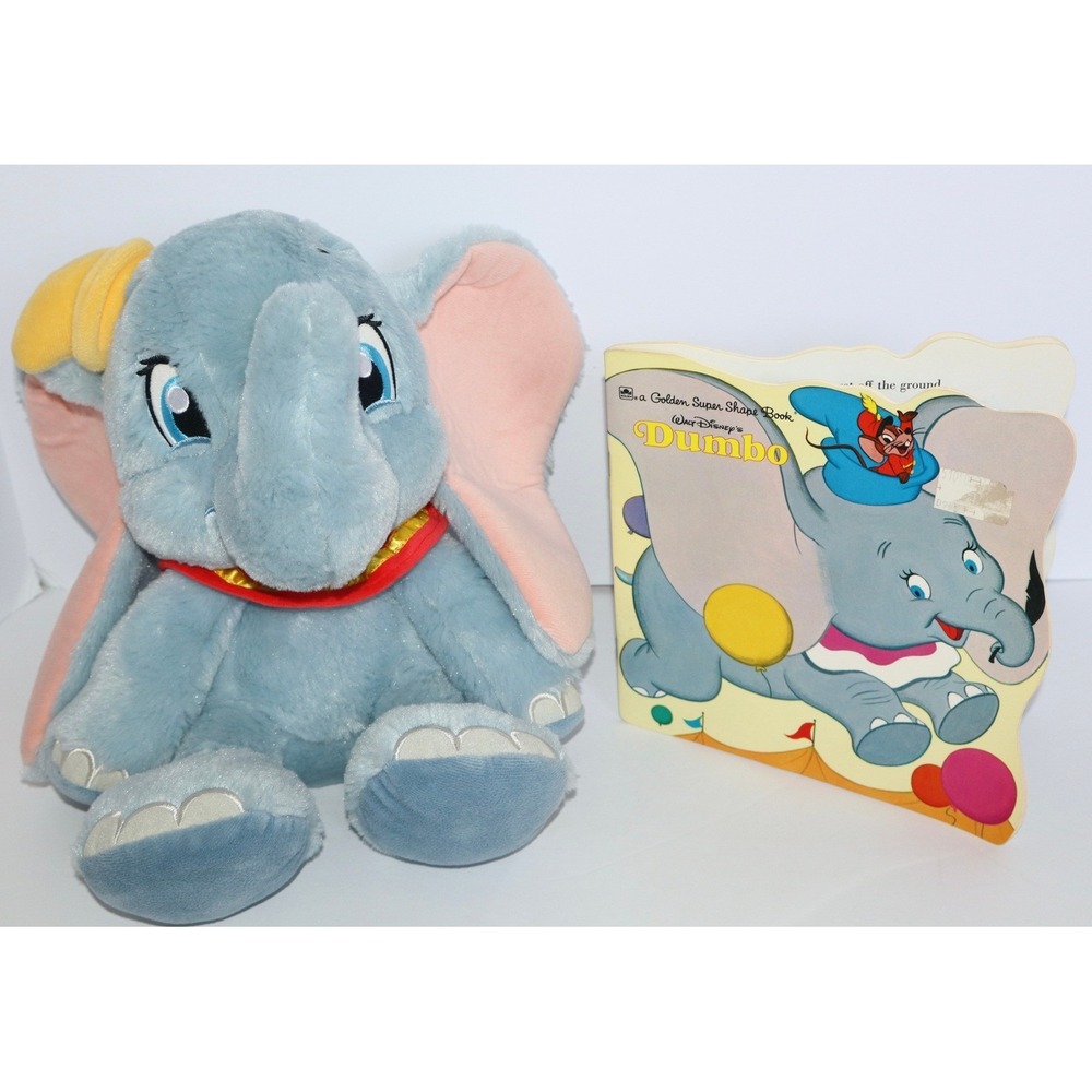 Disney Parks Dumbo Plush Toy and 1977 Golden Super Shape Paperback Book Set